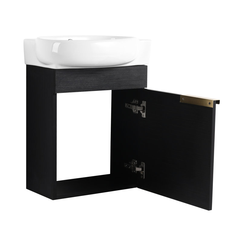 Meuble-lavabo à fermeture amortie avec lavabo de 40 cm, tablette de rangement, panneau en céramique ronde, style moderne pour salle de bain et petits espaces, finition châtaigne noire
