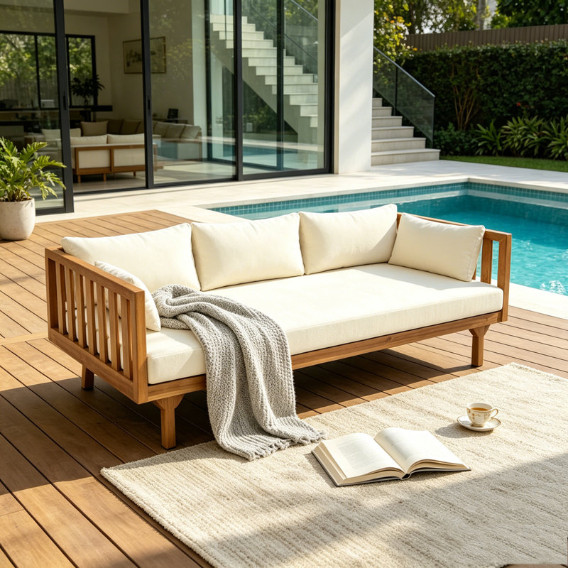 Canapé de patio 3 places, beige, Teak