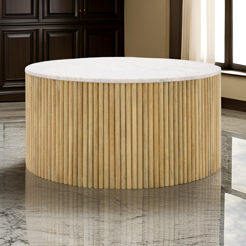 Carmela Round White Marble and Mango Wood Coffee Table