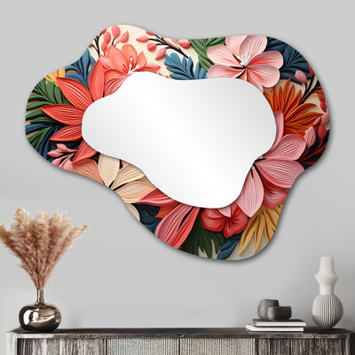 Motif floral de jungle tropicale rose IV - miroir nuage floral, miroir mural décoratif asymétrique rose, impression d'art en métal
