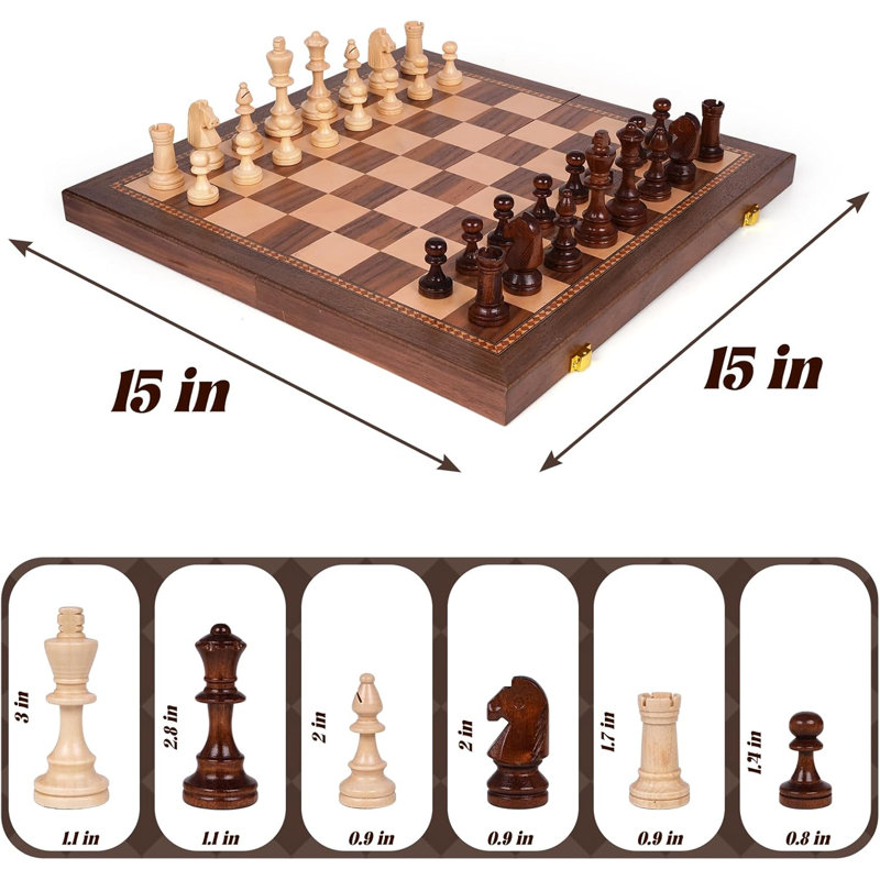 Jeu d'échecs magnétique 15 pouces avec planche pliante en bois, noyer
