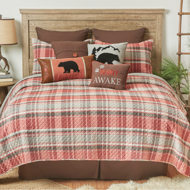 Gray and Saffron Plaid Cotton Full Quilt Set