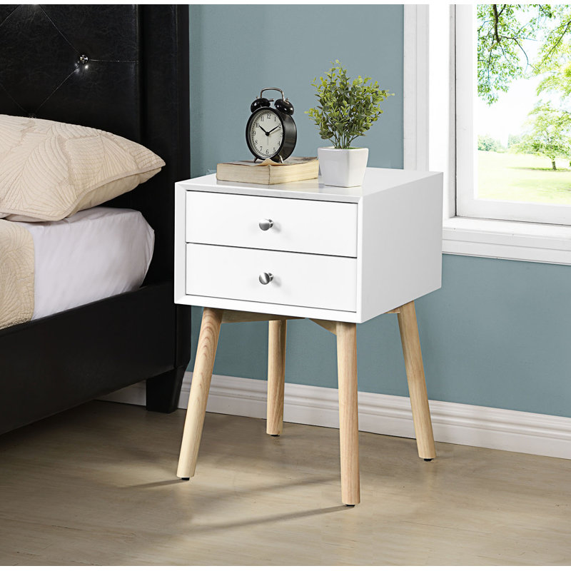 Side Table, Bedside Table With 2 Drawers, Mid-Century Modern Storage Nightstand, Small Bedside Table, White