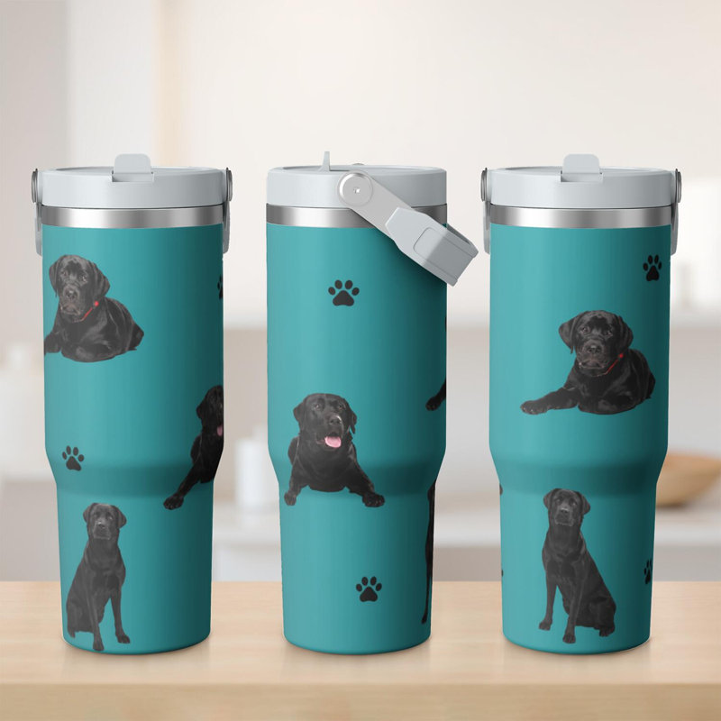 Gobelet 30 oz avec couvercle et poignée Gobelets isothermes en acier inoxydable Bouteille d'eau mignonne avec rabat (chien)