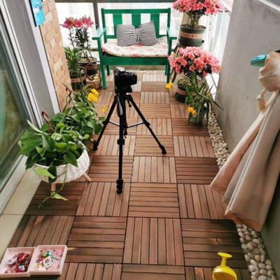 12" x 12" Acacia Wood Interlocking Deck Tiles  – Outdoor Patio Flooring with Striped Design for Balcony, Poolside & Backyard (Set of 30)