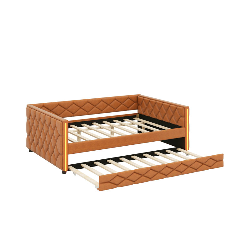 Full XL Size Upholstered Daybed With Trundle And LED, Brown