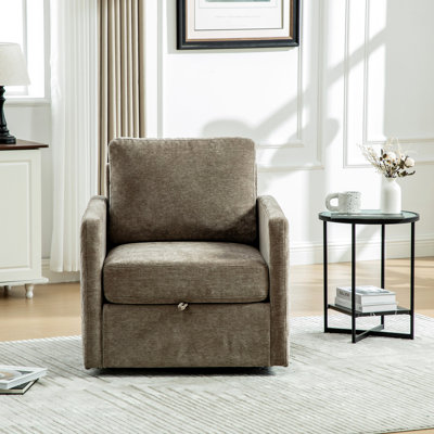 Fauteuil pivotant à 360° de 75 cm de large, revêtement taupe, rangement dissimulé, forme losange, coussin d'assise amovible en mousse haute densité, idéal pour un coin lecture confortable et un décor élégant. Design carré confortable, revêtement taupe.