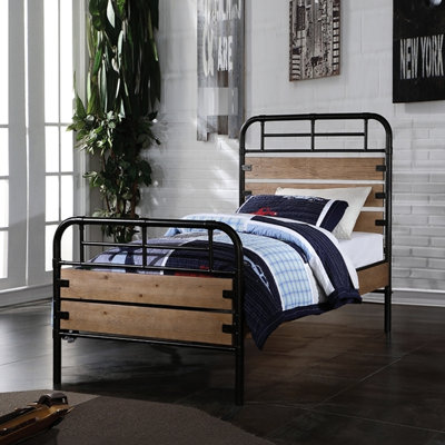 Twin Panel Bed With Metal Frame And Wooden Panels, Require Box Spring, Low Profile Fb, 6 Slats, New Pine Wood, , Ply, Metal, Oak Color, 79.44 In Depth, 43.24 Width, 51.03 Height, 71.63 Lb Weight, 10"