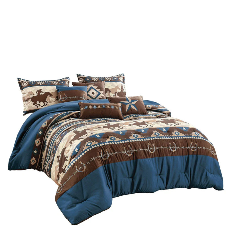 Ensemble de 7 pièces d'édredon à motif de broderie bleu brun Southwestern Cowboys