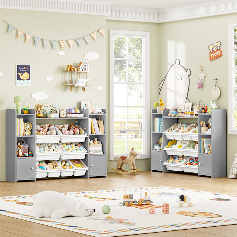 Lafon Manufactured Wood Toy Organizer with Bins, Gray/White