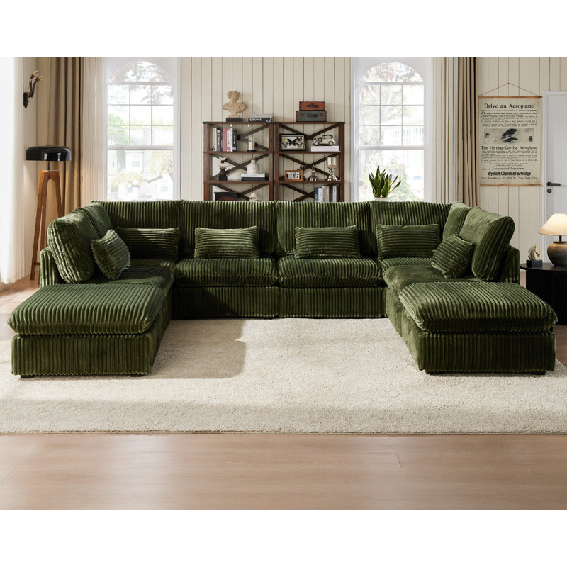 8 Seater Oversized Modular Sofa Extra Deep Cloud Corduroy Sectional Couch With Ottoman Chaise, Green Corduroy