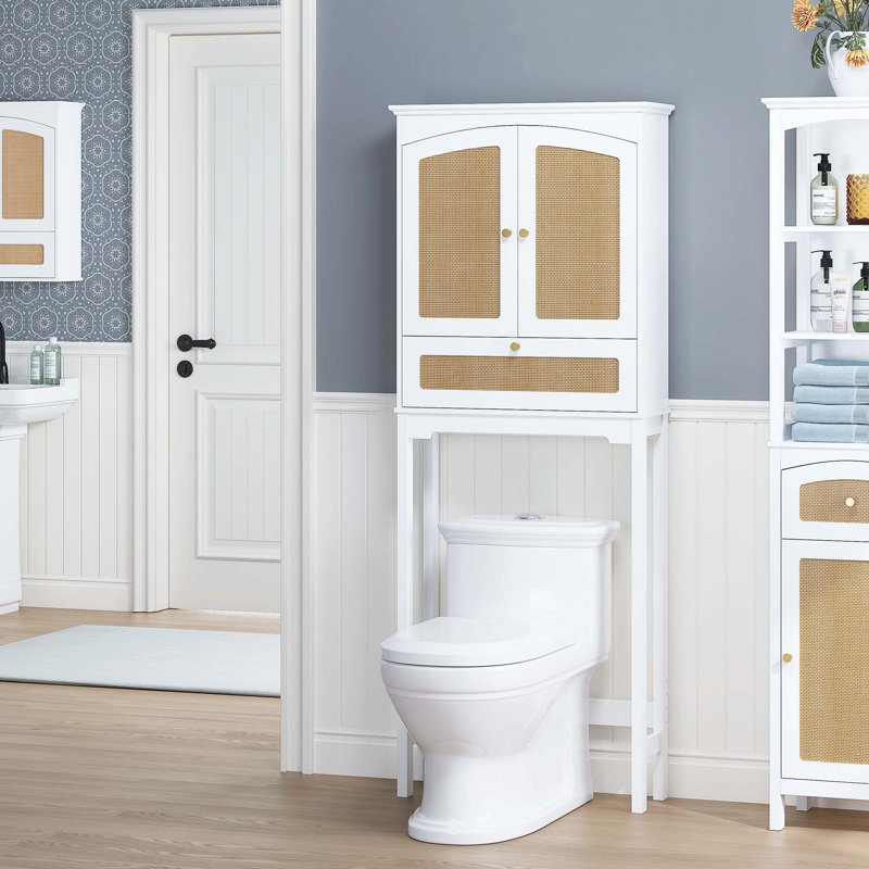 Armoire de rangement au-dessus de la toilette avec portes en rotin, organisateur de salle de bain au-dessus de la toilette avec cube inclinable et tablette réglable, rangement pour salle de bain blanc