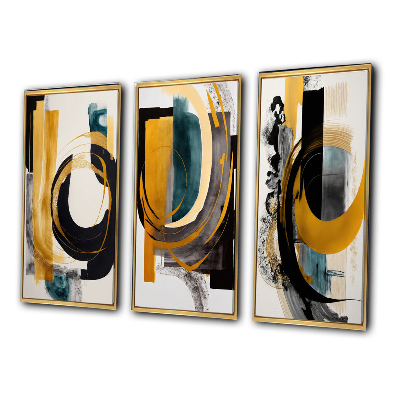 «Modern Green Art Deco», 3 pièces sur toile, Or, H 28 po x l 36 po
