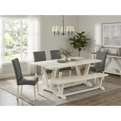 Ensemble de table de salle à manger 6 pièces avec siège en tissu de lin gris fumé et chaise élégante, banc rectangulaire et table de coin-repas - Lin brossé blanc