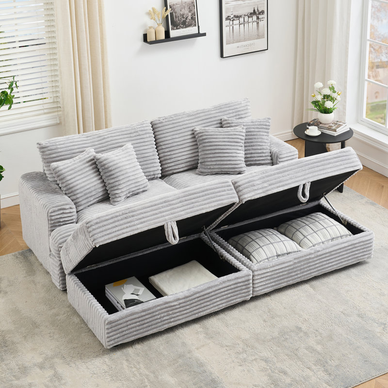 Canapé en velours côtelé de 82 po avec deux pieds de rangement et 4 coussins décoratifs, Orange