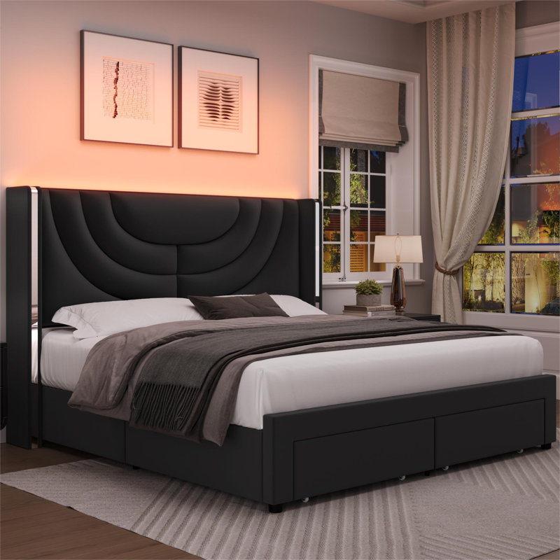 3-Piece Bedroom Set, Storage Bed with LED Light, 2 Nightstands with Charge Station, Queen, Black