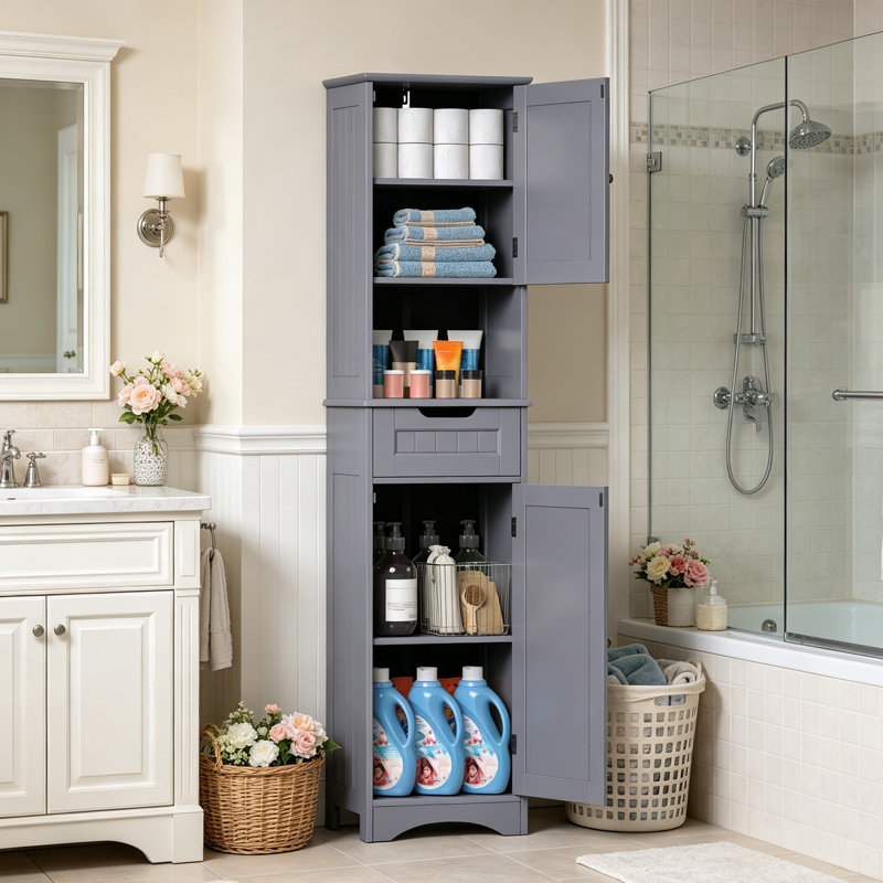 Zoe-Leigh 67" H Freestanding Tall Bathroom Storage Cabinet with Adjustable Shelves and Magnetic Door, Gray
