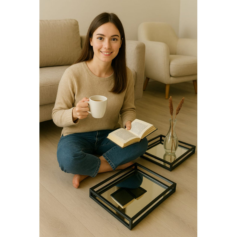 Handcrafted Glass With Metal Frame Serving Tray - 20x20x3 Inches | Rustic & Elegant Design for Entertaining-Set Of 2