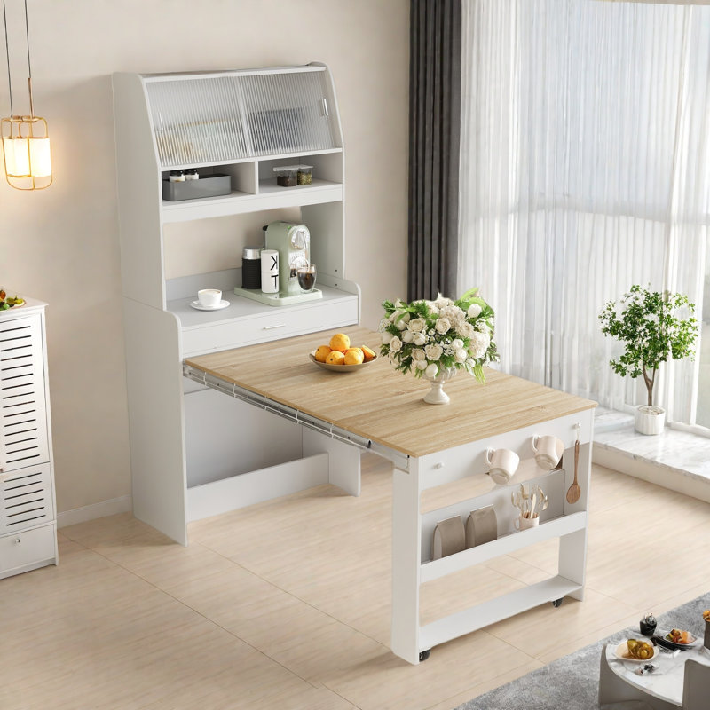 Buffet With Hutch And Foldable Dining Table, Storage Shelves, Side Hooks And A Cabinet With Sliding Doors, White/Natural
