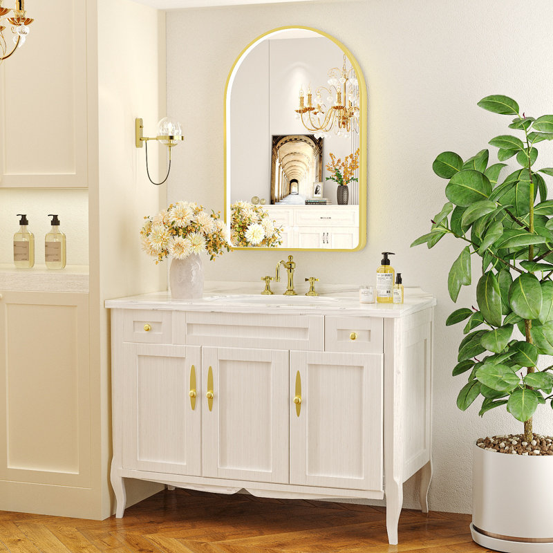 Miroir de salle de bain à DEL avec lumières, miroir de salle de bain arqué avec antibuée, température de 3 couleurs, fonction de mémoire, à intensité variable