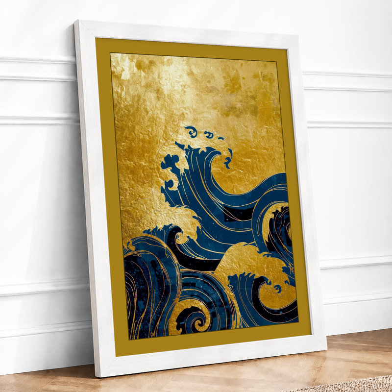 Golden Wave Japandi - Framed Print, A3 - 42.0 x 29.7 cm, White