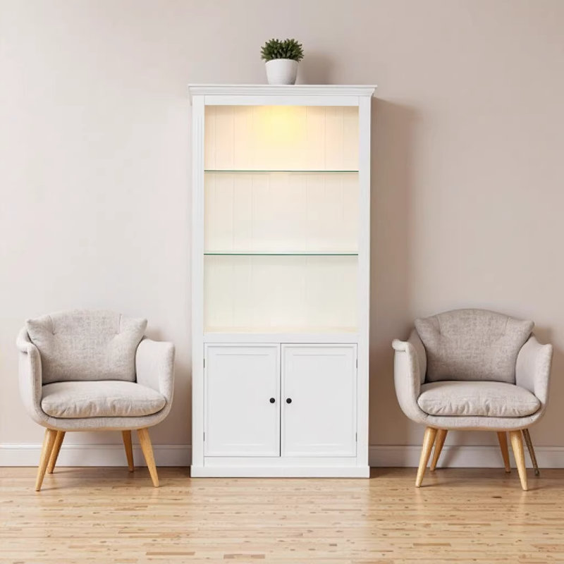 78.75"H 4-Tier Farmhouse Bookcase with 5-Color Dimmable LED Ceiling Light, Freestanding Display Shelf with Adjustable Glass Shelves & Storage Doors for Home Office - White