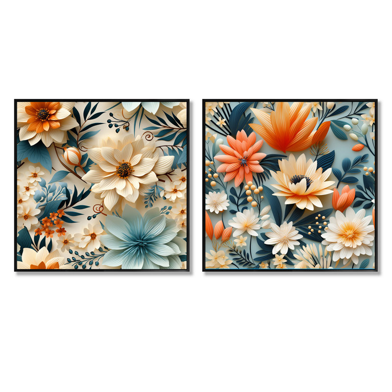 Terre cuite chaude et motif floral floral bleu - ensemble de collage floral carré carré de 2, Cadre flottant noir