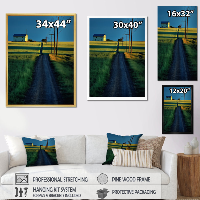 «Countryside Power Lines Minimalisme Scenery», art mural sur toile, Cadre flottant doré, H 32 po x l 16 po x P 1 po