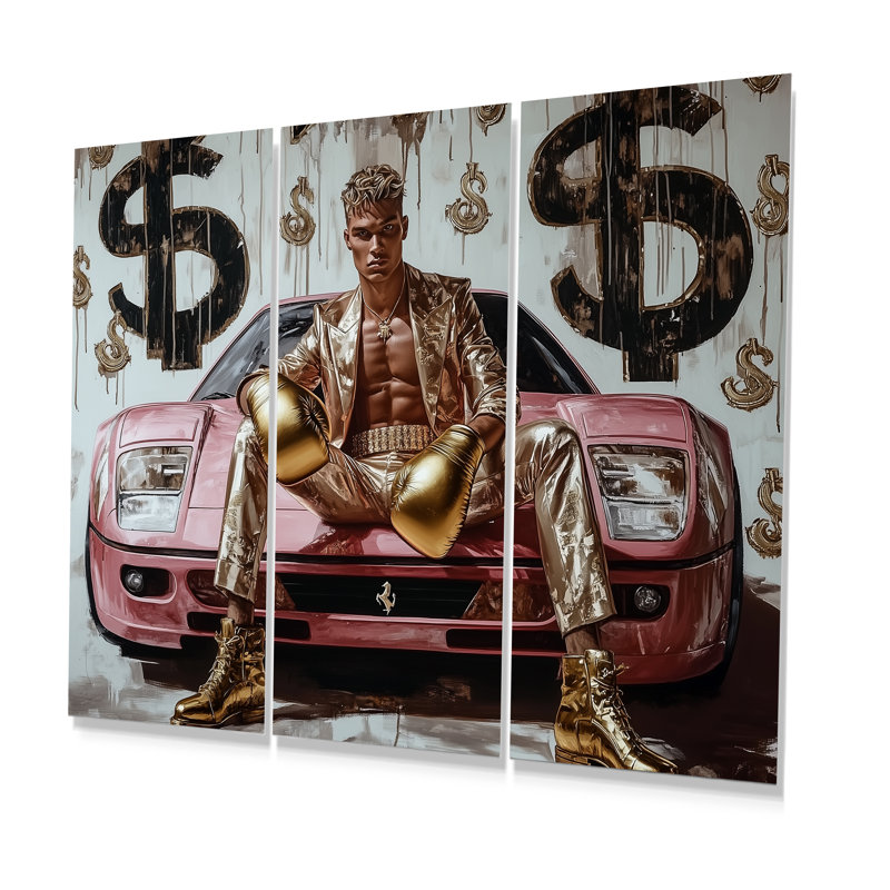 «All Gold», tout mâle, boxeur sur une voiture exotique - ensemble d'art mural «Boss Man», H 28 po x l 36 po x P 1 po