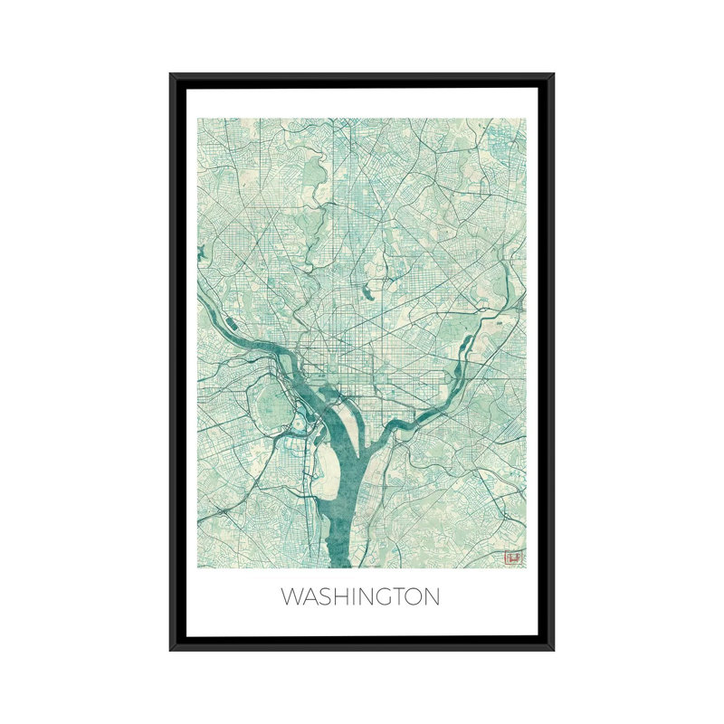 « washington, d.c. bleu aquarelle urban blueprint map », impression sur toile, H 26 po x l 18 po x P 1,5 po, Pas de tapis