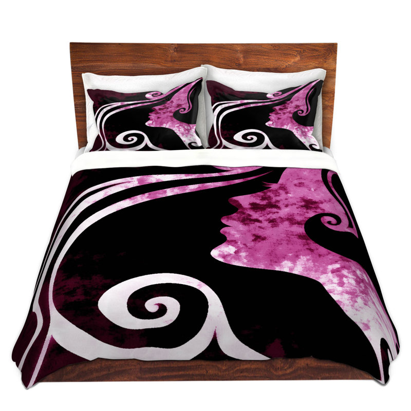 Ensemble de housse de couette Wait For You, 1 housse de couette grand + 2 taies standards, Rose / Mauve / Noir