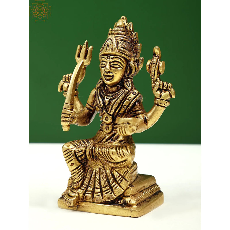 Statue de 5 po en laiton Santoshi Mata assis sur un piédestal