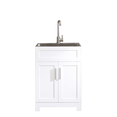 Armoire pour évier de buanderie blanche 24 po - Fissure en acier inoxydable - Fonction de réduction du bruit du bassin de baignoire silencieuse