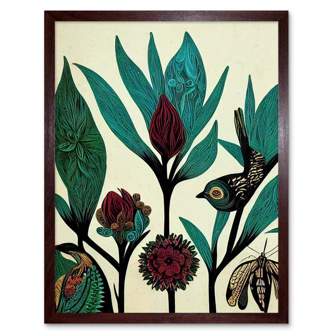 Abstract Folk Leaves Flowers Birds Vintage - Print