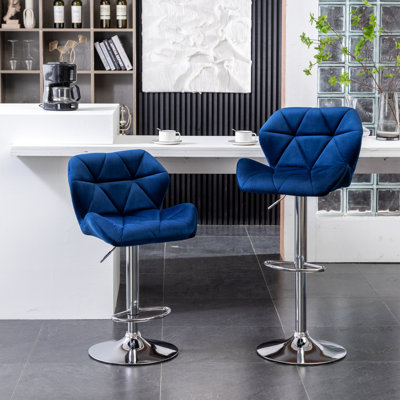 Blue Diamond Velvet Swivel Adjustable  2  - Comfort Mid-Back Polished Disc Base & Footrest ,  2 Pieces  And Height, Cushioning