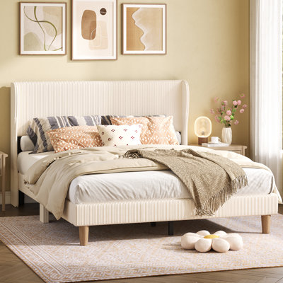 Abe Aadi Queen Size Corduroy Upholstered Platform Bed Frame with Channel Tufted Wingback Headboard — No Box Spring Needed, Space-Saving Design for Small Bedrooms & Apartments