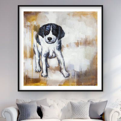 Curious Puppy Dog - reproduction d'art contemporain encadrée