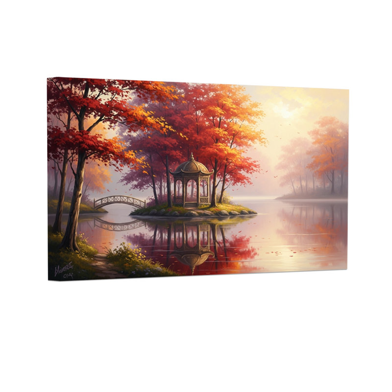 Paysage et nature, pavillon d'automne, reflet des arbres du lac, coucher de soleil, scène paisible, H 20 po x l 30 po