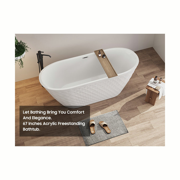 67'' acrylic freestanding bathtub with unique diamond pattern design: spacious oval shape, finish, brushed nickel overflow and pop-up drain CUPC Certificate