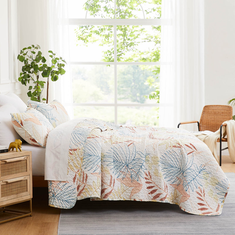 Tropic Leaf Collection Beige/Blue/Brown Microfiber Reversible Quilt Set, Blue Tropical, Queen Quilt + 2 Standard Shams