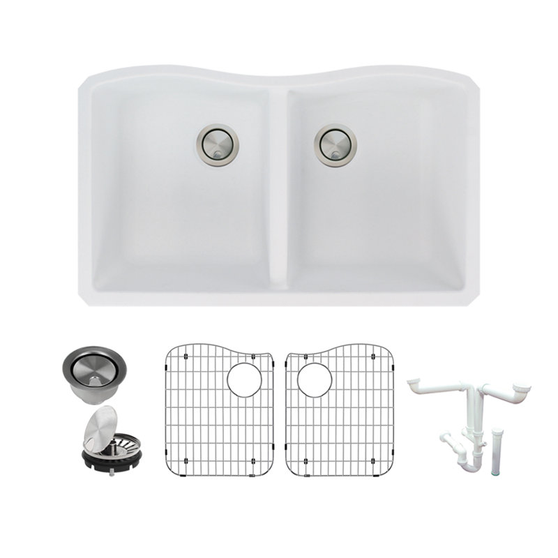 Évier de cuisine à double cuve avec filtre à panier en granite 32 po x l 19 po Aversa, Blancs
