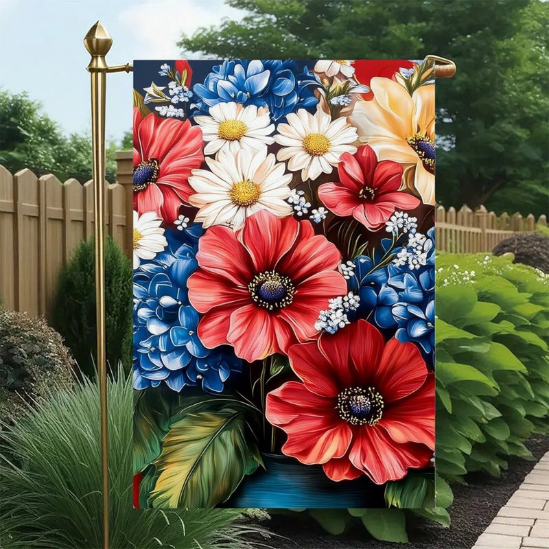Ornement en forme de hortensia mélangé à motif floral coquelicot drapeau de la fête de l'Indépendence 12 po x 18 po (30 x 45 cm)