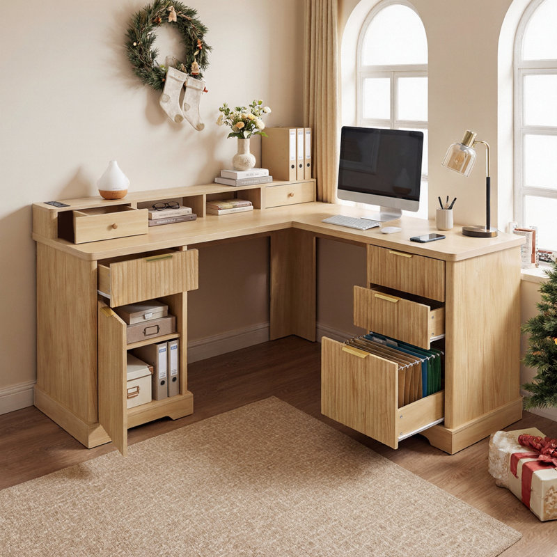 59" Modern Fluted Natural Wood L-Shaped Desk with Charging Station & Smart Storage Cabinet - Home Office Computer Desk with Monitor Stand