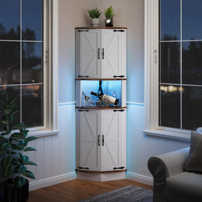 64.6" Farmhouse Corner Cabinet with LED Light, Tall Bathroom Cabinet with 4 Barn Doors and 5 Tier Shelves, Freestanding Corner Bar Cabinet with USB Ports & Outlets for Living Room, Kitchen, Bar, Brown