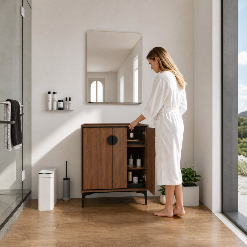 Base de meuble-lavabo 30 po seulement, armoire de rangement autoportante avec 2 portes, meuble-lavabo en bois d'ingénierie à finition brune pour salle de bain, salle d'eau