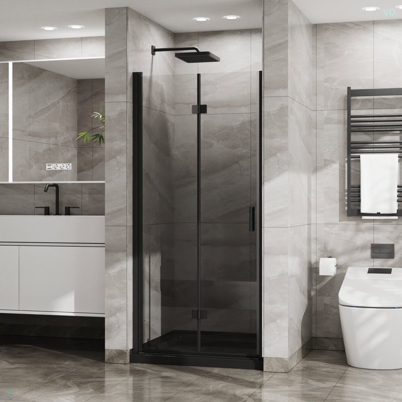 34"X 72" Bifold Frameless Glass Shower Door 1/4 Inch Tempered Clear Glass Pivot Swing Shower Panel, Foldable, Matte Black