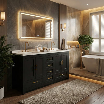 Meuble-lavabo 60 po noir avec lavabo, armoire à 4 portes à fermeture douce et 5 tiroirs de rangement, armoire de salle de bain moderne avec beaucoup de rangement