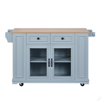 54" Mobile Kitchen Island with Glass Door Storage, Power Outlet & Open Shelves, Rolling Kitchen Cart with Towel Rack, Spice Rack & Knife Holder, Functional Kitchen Prep Table for Kitchen, Dining