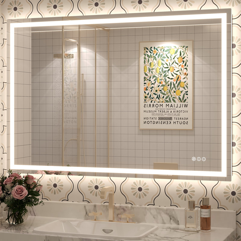 Molly Framelss or Framed LED Anti-Fog Tempered Glass Wall Bathroom Vanity Mirror - UL Certified, 44" x 30", Clear