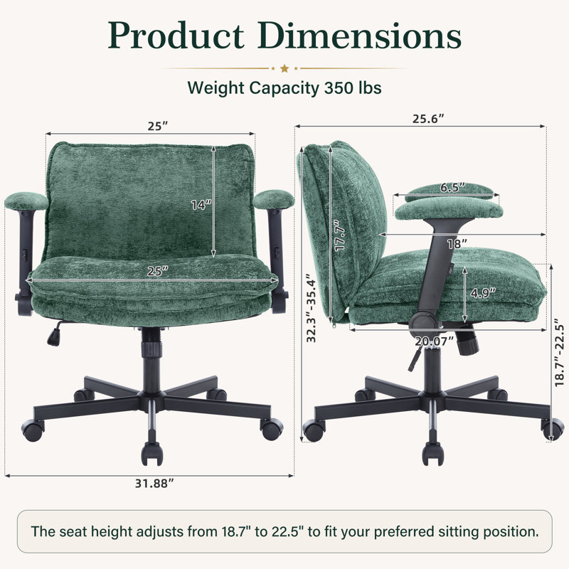26" Wide Teddy Velvet Criss Cross Office Chair with Wheels, Cross-Legged Desk Chair with Flip-Up Height Adjustable Arms, Lumbar Support, Swivel Vanity Chair for Home Office, Bedroom, Study, 350 lbs
